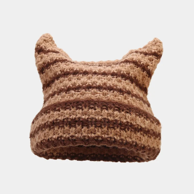 Striped Cat Ear Knit Beanie with Cotton Acrylic Blend for Playful Streetwear Fashion Style