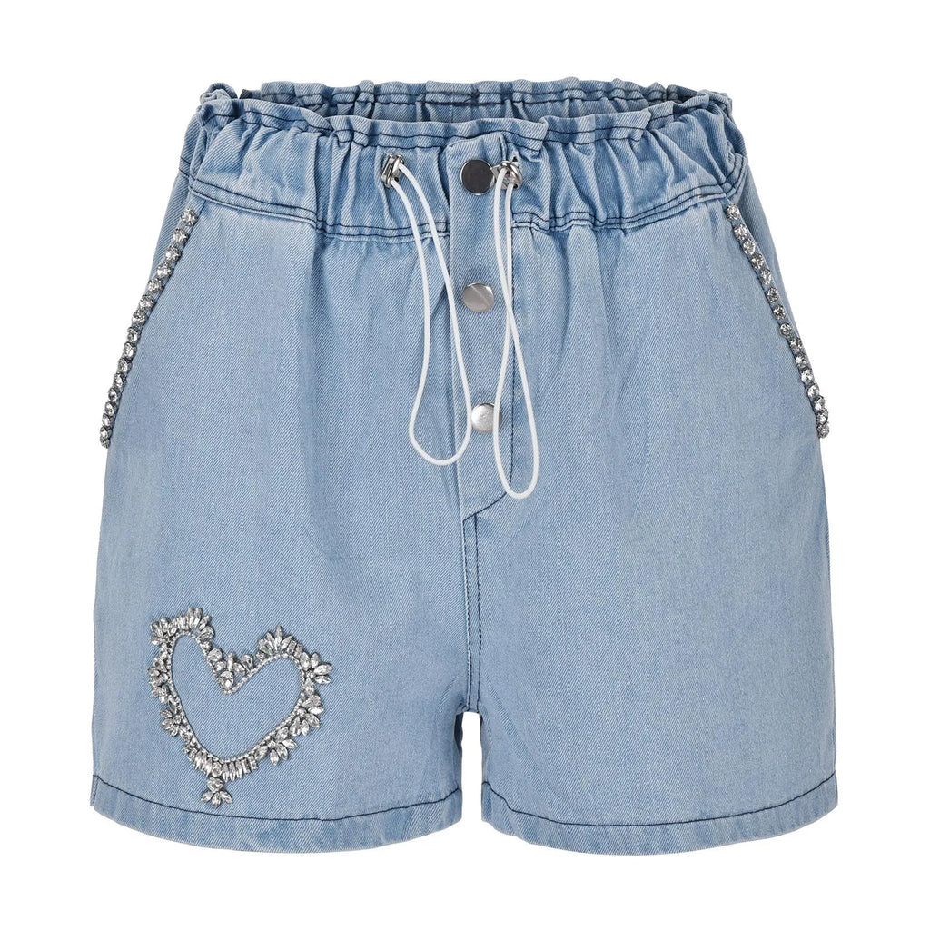 Women's High Waist Denim Style Shorts with Drawstring Waist and Decorative Stud Pocket Details