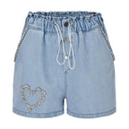 Women's High Waist Denim Style Shorts with Drawstring Waist and Decorative Stud Pocket Details