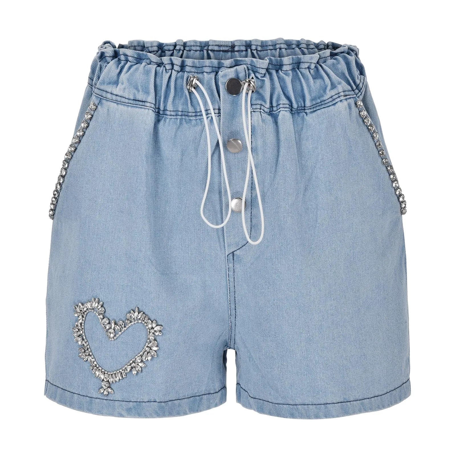 Women's High Waist Denim Style Shorts with Drawstring Waist and Decorative Stud Pocket Details
