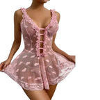 Sheer Lavender Mesh Babydoll Dress with Ruffled Straps and Lace-Up Front