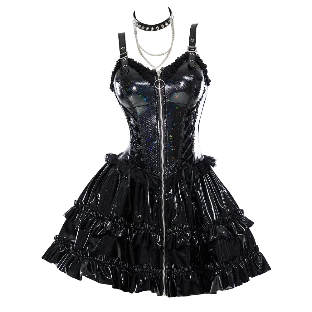Women's Gothic A-Line Camisole Mini Dress with Detachable Sleeves and Choker Accessory Set