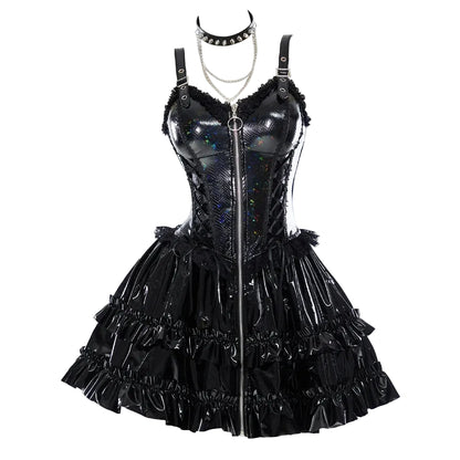 Women's Gothic A-Line Camisole Mini Dress with Detachable Sleeves and Choker Accessory Set