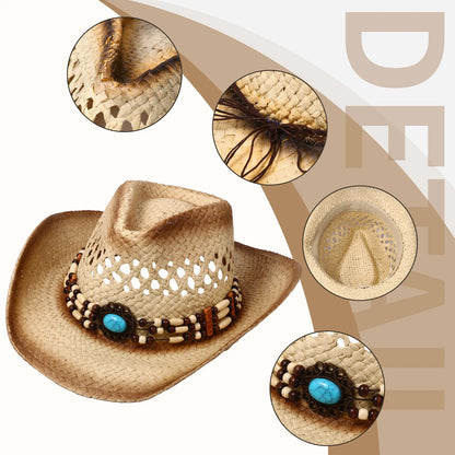 Wide Brim Straw Cowboy Hat with Decorative Band for Summer Outdoor and Festival Style