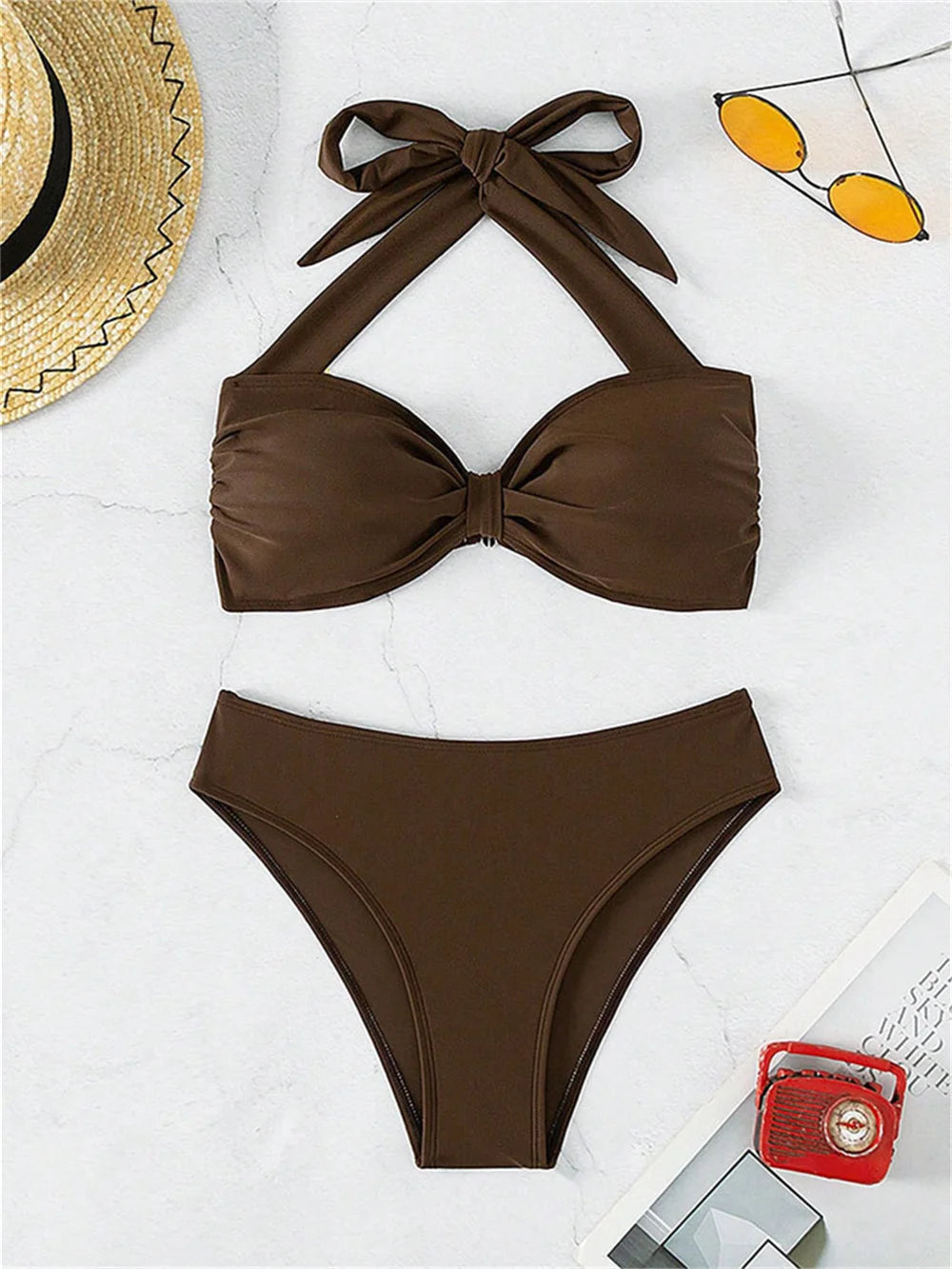 Solid Espresso Brown Halter Bandeau Bikini with Twisted Center Detail