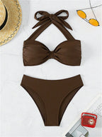Solid Espresso Brown Halter Bandeau Bikini with Twisted Center Detail