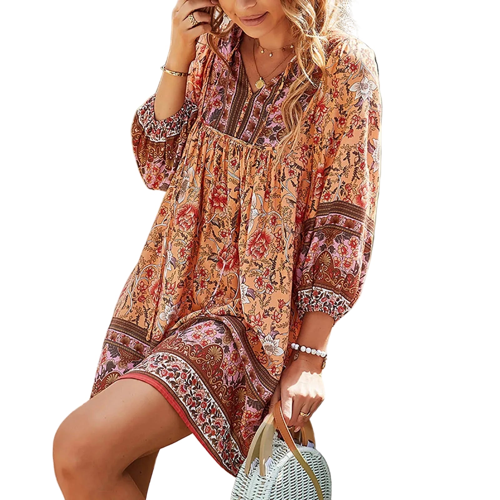 Bohemian Print Mini Dress With Relaxed Fit And Flowing Sleeve Detail