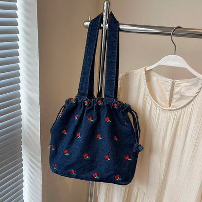 Denim Drawstring Hobo Tote Bag with Embroidered Detail Everyday Carry Design
