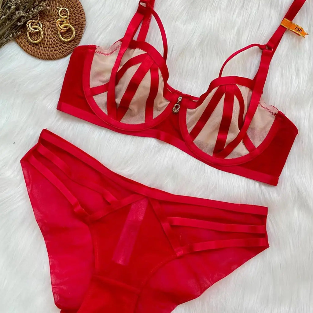 Striking Crimson Red Strappy Open-Cup Underwire Lingerie Set