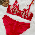 Striking Crimson Red Strappy Open-Cup Underwire Lingerie Set