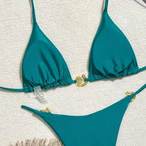 Rich Teal Triangle Bikini with Delicate Metallic Ring Details