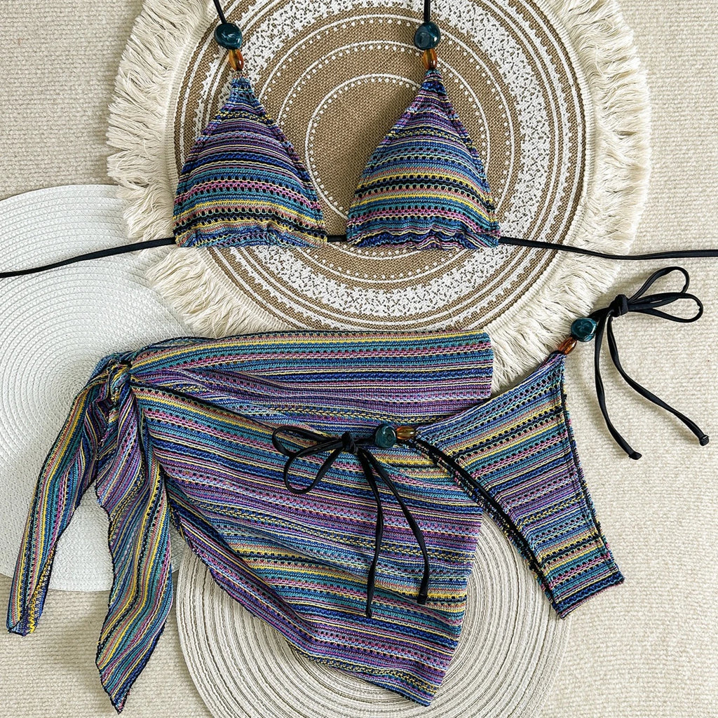 Textured Brown Three-Piece Triangle Bikini Set with Matching Ruched Skirt
