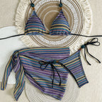 Textured Brown Three-Piece Triangle Bikini Set with Matching Ruched Skirt