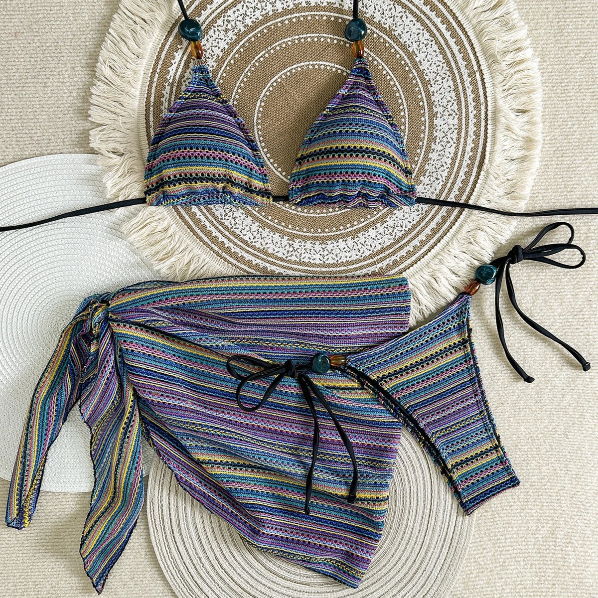 Textured Brown Three-Piece Triangle Bikini Set with Matching Ruched Skirt