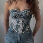 Vintage-Inspired Floral Print Strapless Corset with Scalloped Lace Trim