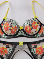 Vibrant Neon Floral Embroidery Sheer Mesh Three-Piece Lingerie Set
