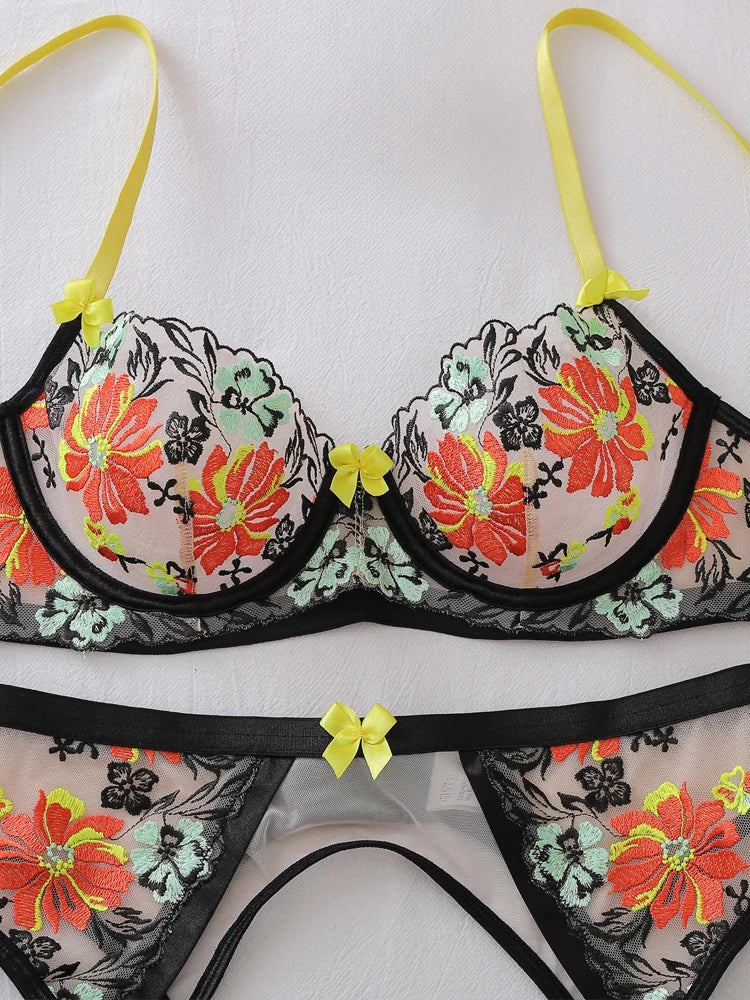 Vibrant Neon Floral Embroidery Sheer Mesh Three-Piece Lingerie Set