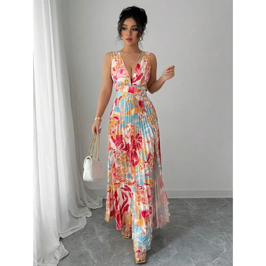 Vibrant Floral Pleated Maxi Dress with Deep V-Neck and Thigh-High Slit