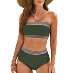 Black Two-Piece Bandeau Crop Bikini Set with Push-Up Style Top, High-Waisted Wrap Bottom and Sleek Beach Vacation Design