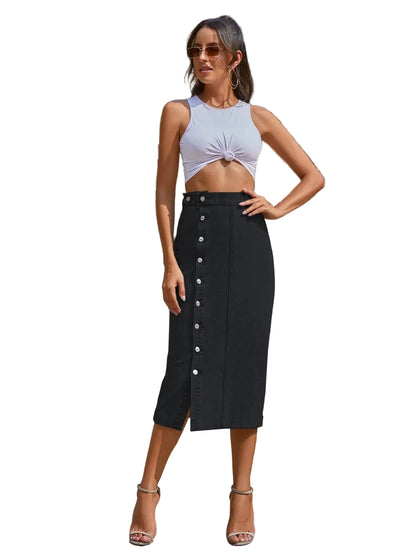 High Waist Asymmetrical Denim Maxi Skirt with Button Front Contemporary Streetwear Style