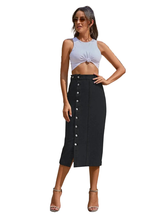 High Waist Asymmetrical Denim Maxi Skirt with Button Front Contemporary Streetwear Style