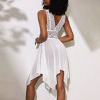 Elegant White Asymmetrical Lace Chemise with Deep V-Neckline