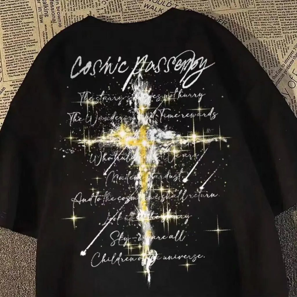 Oversized Script Cross Graphic Cotton T-Shirt with Artistic Streetwear Design
