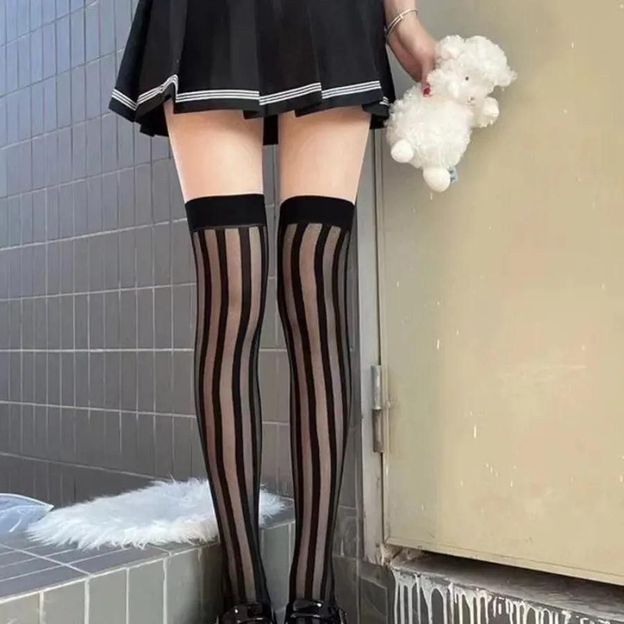 Vertical Stripe Sheer Thigh High Stockings with Stretch Knit Over-the-Knee Fashion Design