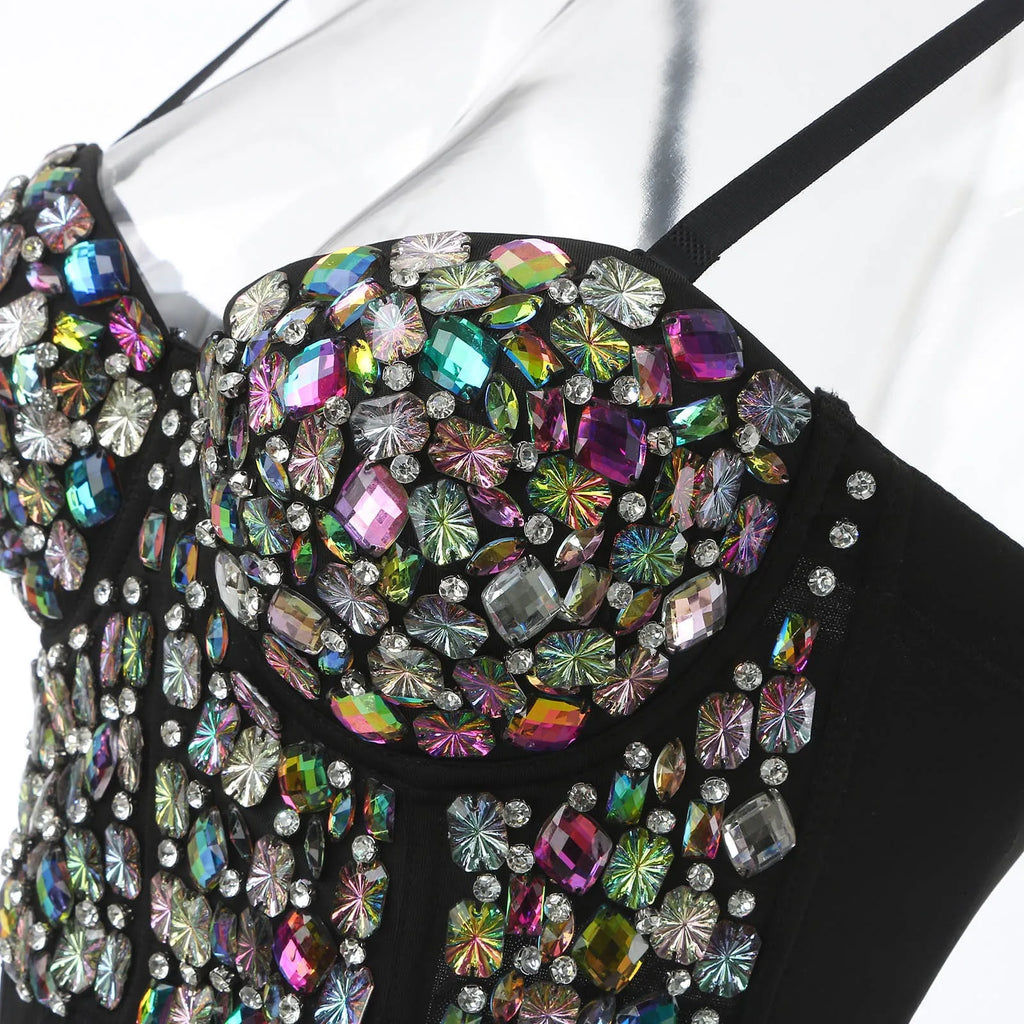 Rhinestone Embellished Bustier Corset Top with Structured Cups and Straps