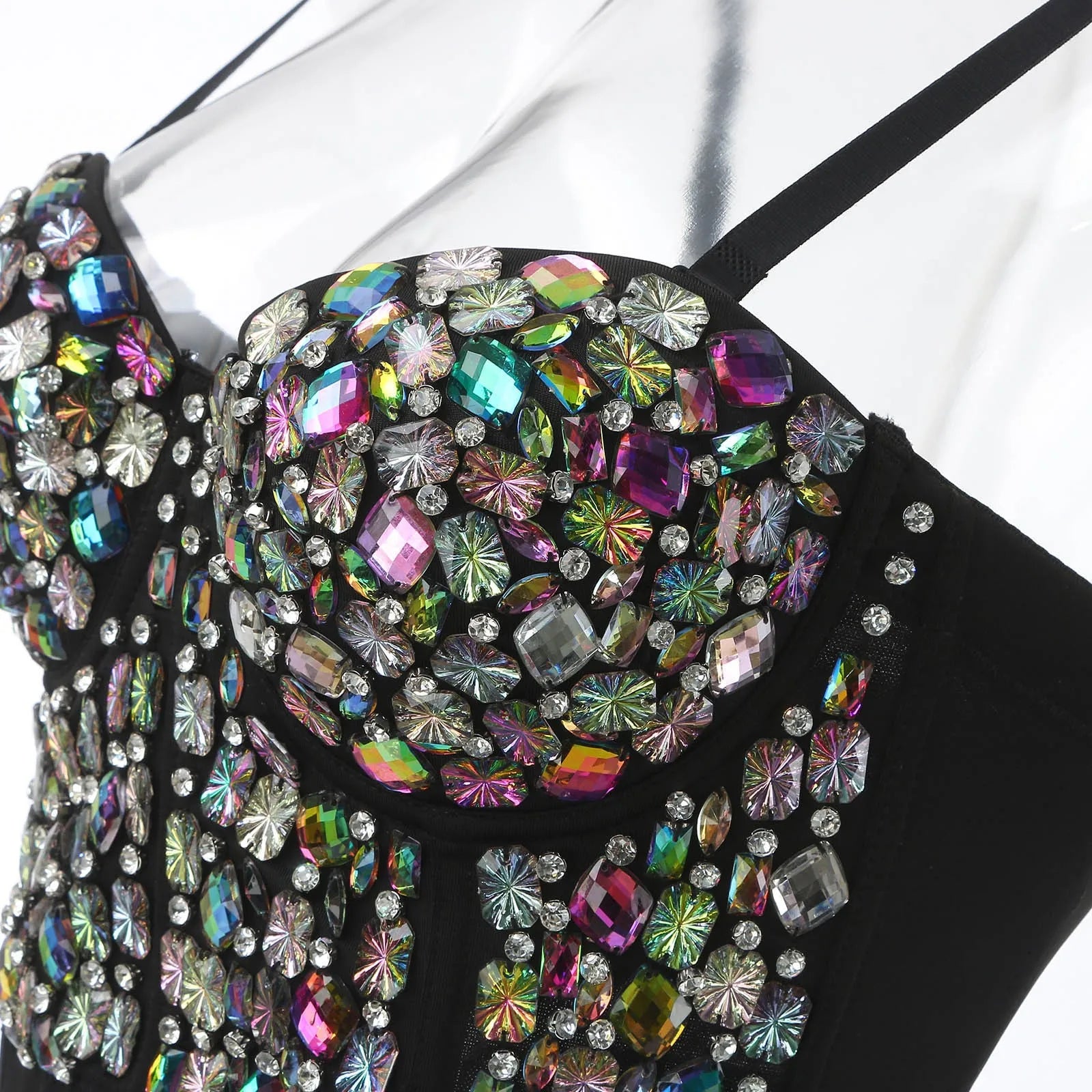 Rhinestone Embellished Bustier Corset Top with Structured Cups and Straps