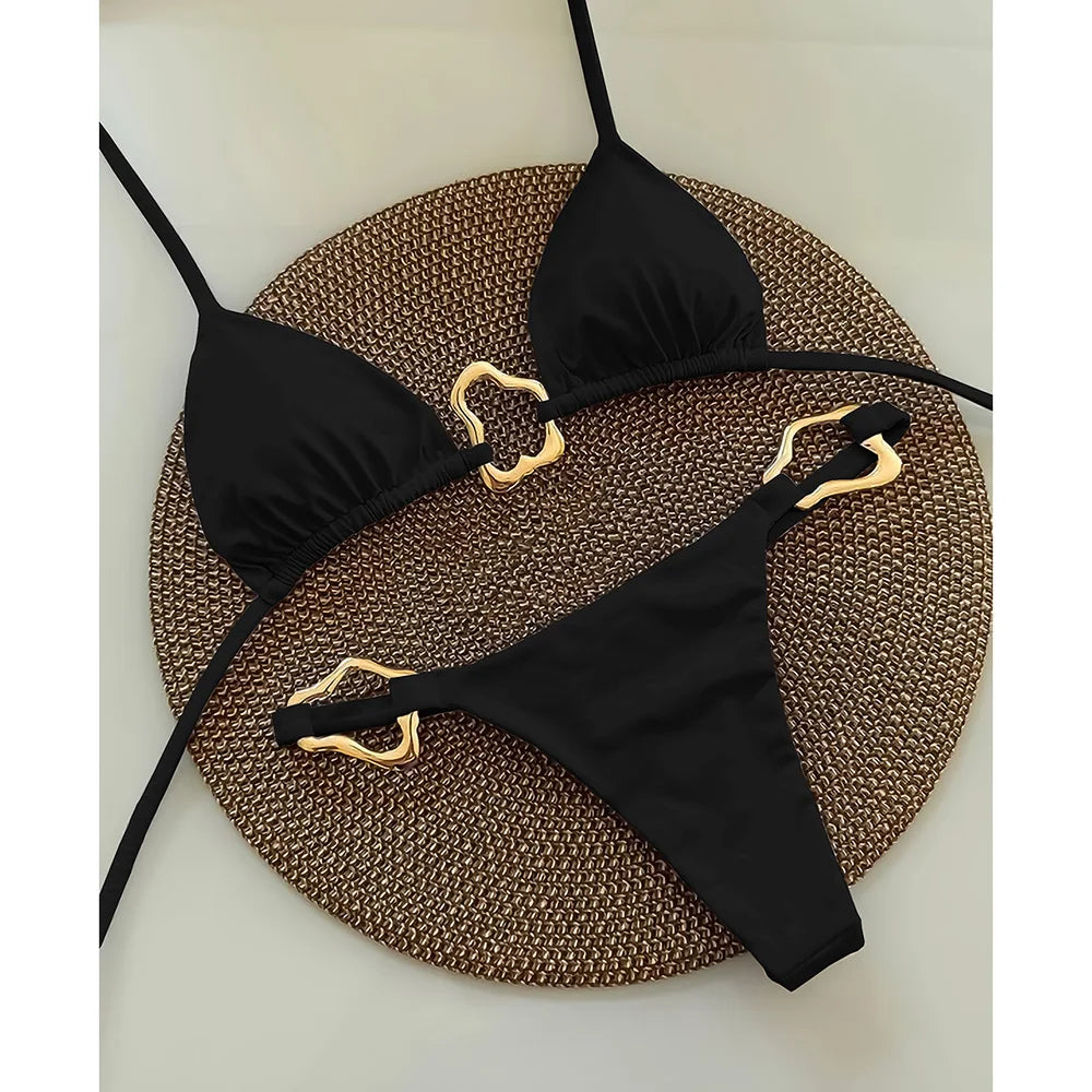Espresso Brown String Bikini with Wavy Metallic Hardware Accents