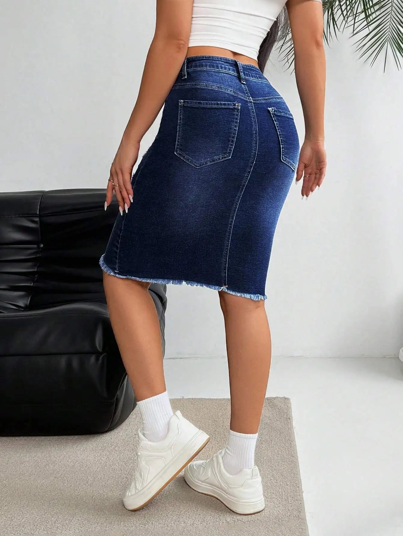 Distressed Stretch Denim Pencil Skirt with Frayed Hem Streetwear Styling