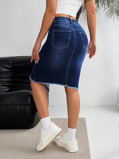 Distressed Stretch Denim Pencil Skirt with Frayed Hem Streetwear Styling