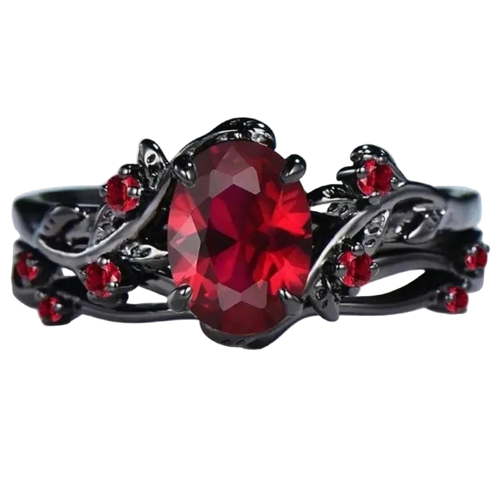 Gothic Oval Crystal Statement Ring Set With Ornate Dark Fantasy Design