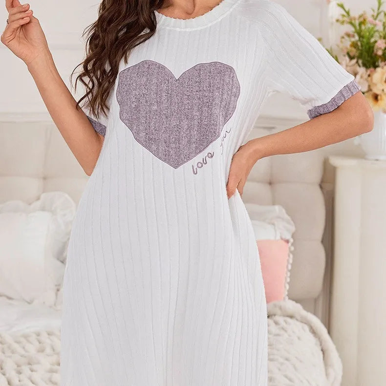 Relaxed Heart-Graphic Sleep Dress with Contrasting Trim