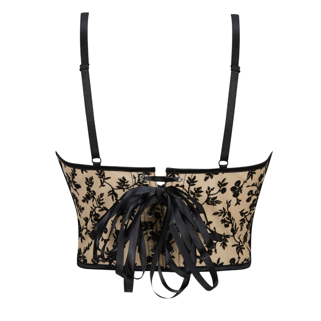 Coquette Flocked Floral Mesh Corset Top with Contrasting Trim and Sweetheart Neckline
