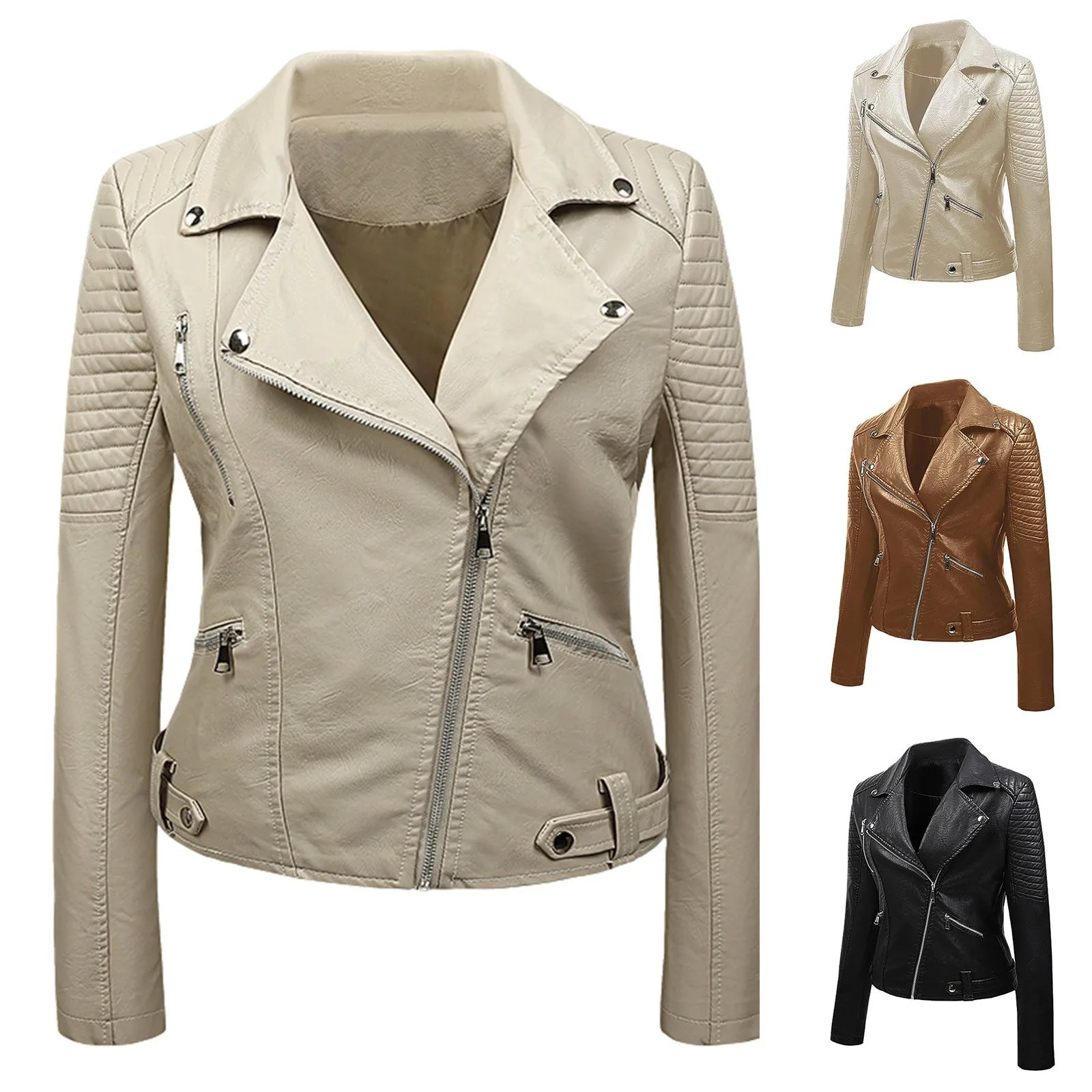 Women's Cropped Faux Leather Moto Jacket with Zip Front Contemporary Streetwear Silhouette
