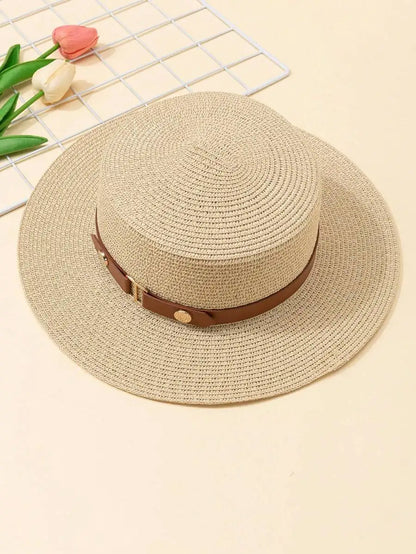 Women's Woven Straw Sun Hat with Decorative Band for Beach Vacation and Casual Wear