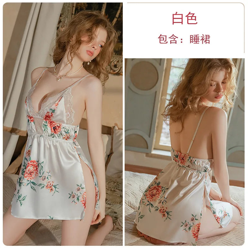 Botanical Print Satin-Finish Slip Dress and Matching Flowing Robe Set
