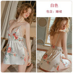 Botanical Print Satin-Finish Slip Dress and Matching Flowing Robe Set