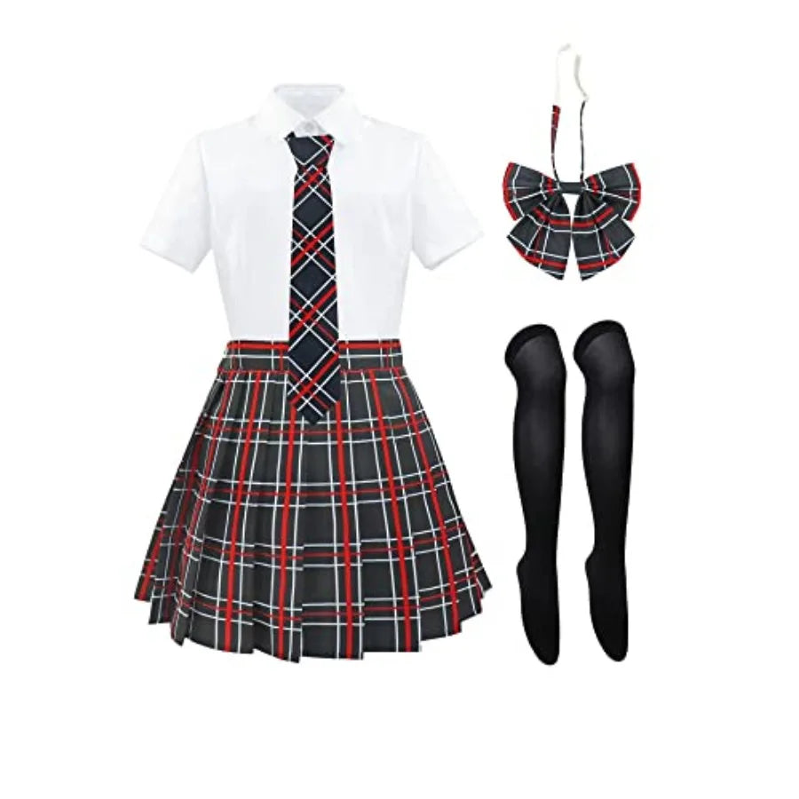 Women's Pleated School-Inspired Uniform Set with Short Sleeve Top, Bow Tie and Matching Accessories