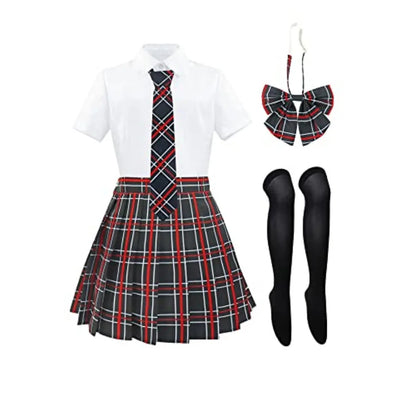 Women's Pleated School-Inspired Uniform Set with Short Sleeve Top, Bow Tie and Matching Accessories