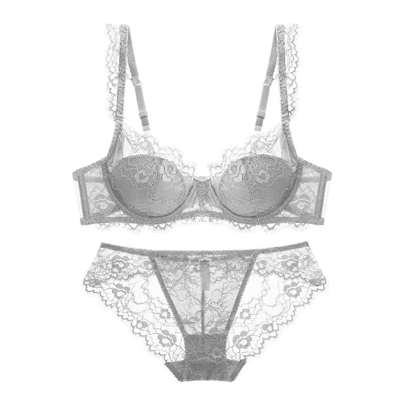 Delicate Blush Lace Lingerie Set with Adjustable-Strap Bra and Sheer-Detail Brief