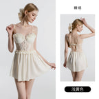 Romantic Cream Tulle Camisole Nightdress with Floral Lace Appliqué