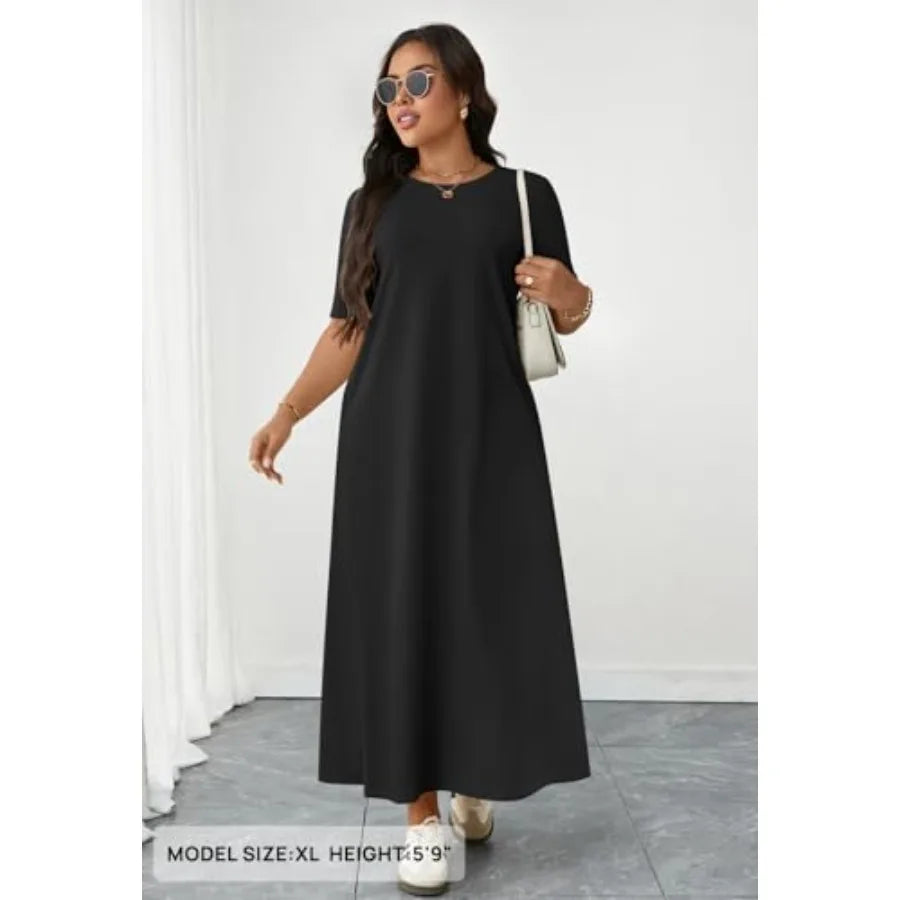 Short Sleeve Maxi T-Shirt Dress with Pockets and Relaxed Silhouette