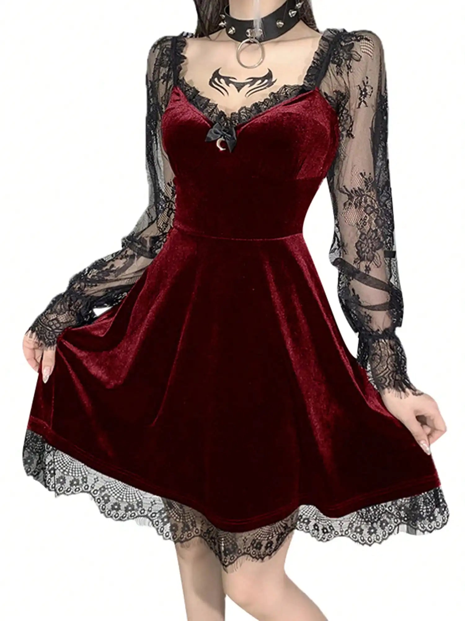 Gothic Lace Sleeve Velvet Mini Dress with Dark Elegant Aesthetic