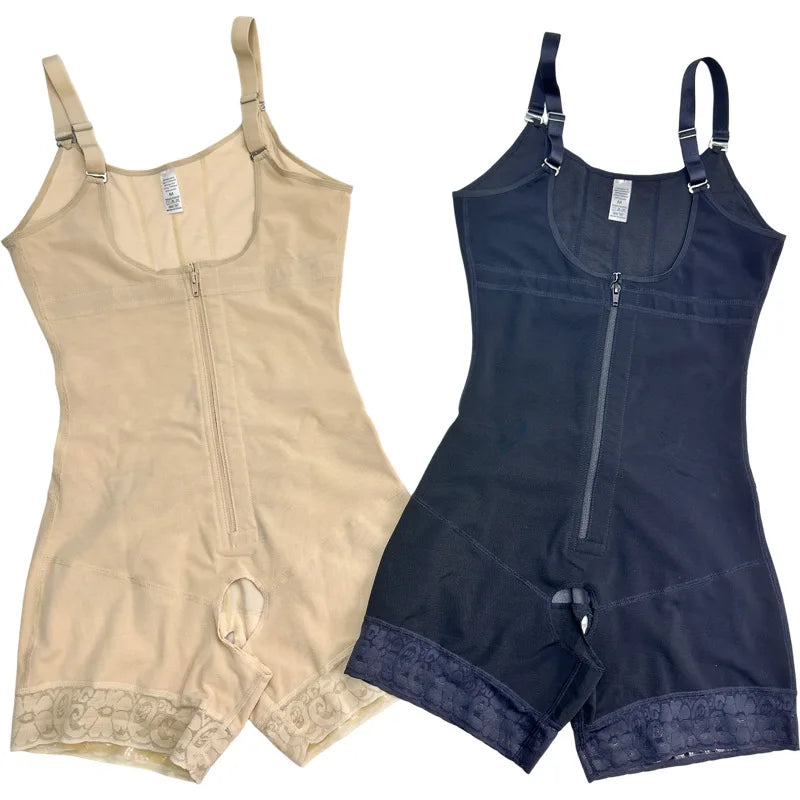 Seamless Open-Bust Mid-Thigh Shaping Bodysuit with Sheer Lace Accents