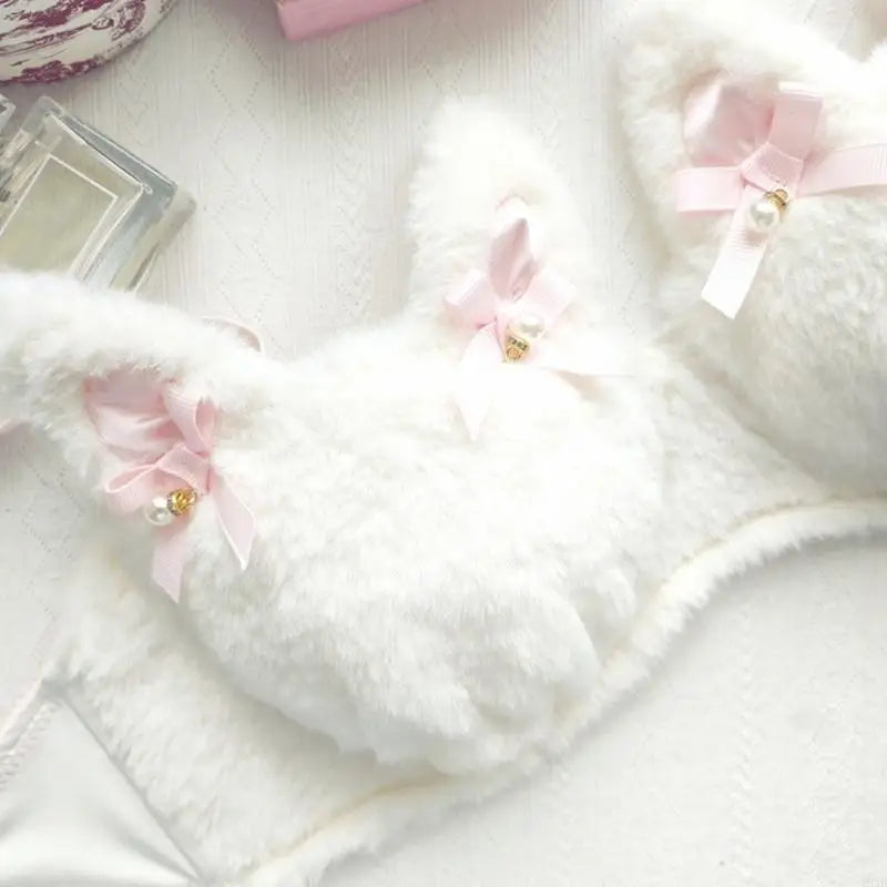 Whimsical Faux Fur Cat-Ear Bralette and Panty Lingerie Set