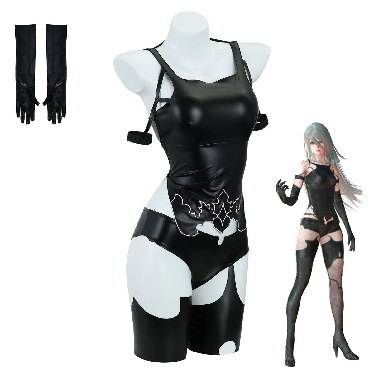 Fierce Glossy Black Cutout Bodysuit with Asymmetrical Leg Accents and Gloves