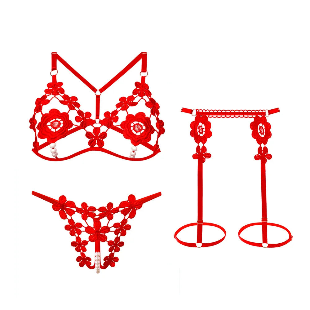 Vibrant Red Strappy Floral Appliqué Three-Piece Open Lingerie Set